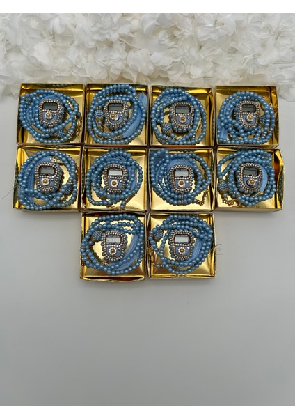 10 Adet Hediyelik Çeyizlik Gold Kutulu Tesbih ve Taşlı Zikirmatik Seti ( Mevlit-Sünnet-Hac-Umre)