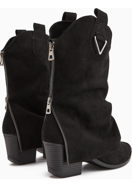 Peggy Siyah Süet Kadın Topuklu Western Çizme modelleri