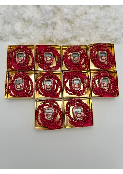 10 Adet Hediyelik Çeyizlik Gold Kutulu Tesbih ve Taşlı Zikirmatik Seti ( Mevlit-Sünnet-Hac-Umre)