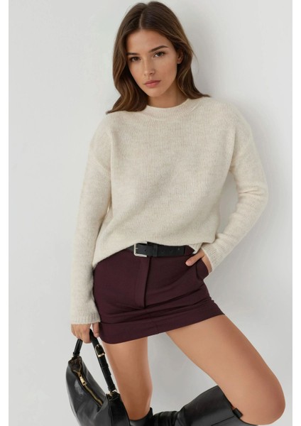 Kadın Kalın Örgü Yuvarlak Yaka Kazak Beyaz