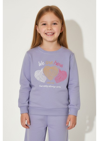 Kız Çocuk %100 Pamuk Kalp Desenli Bisiklet Yaka Trend Sweatshirt - 1022S