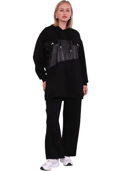 Viskon Scuba Kumaş Deri Detaylı Işlemeli Pantolonlu Takım Siyah – 100860