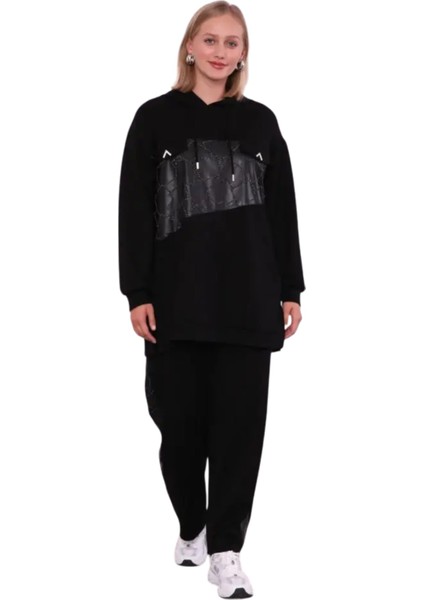 Viskon Scuba Kumaş Deri Detaylı Işlemeli Pantolonlu Takım Siyah – 100860 fiyatları