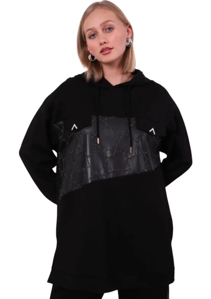 Viskon Scuba Kumaş Deri Detaylı Işlemeli Pantolonlu Takım Siyah – 100860 fırsatları