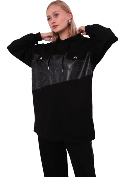 Viskon Scuba Kumaş Deri Detaylı Işlemeli Pantolonlu Takım Siyah – 100860 indirimleri