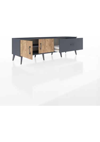 Hyperion Tv Ünitesi Tek Raflı Tek Çekmeceli 2 Kapaklı 176X44X51 Antrasit-Çam/antrasit indirimleri