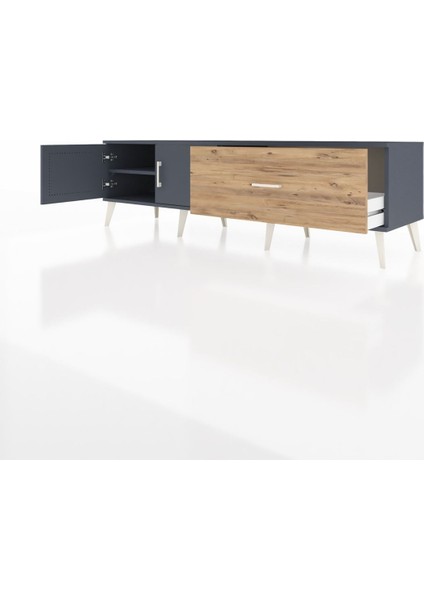Hyperion Tv Ünitesi Tek Raflı Tek Çekmeceli 2 Kapaklı 176X44X51 Antrasit-Antrasit/çam modelleri