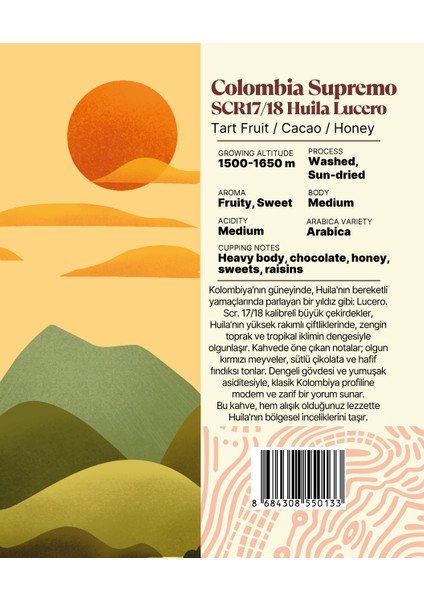 Colombia Supremo SCR17/18 Huila Lucero Yöresel Filtre Kahve 250 Gr. fiyatları