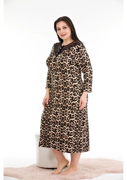 Lady Lingerie Büyük Beden Leopar Desen Yaka Düğmeli Dantel Detaylı Elbise