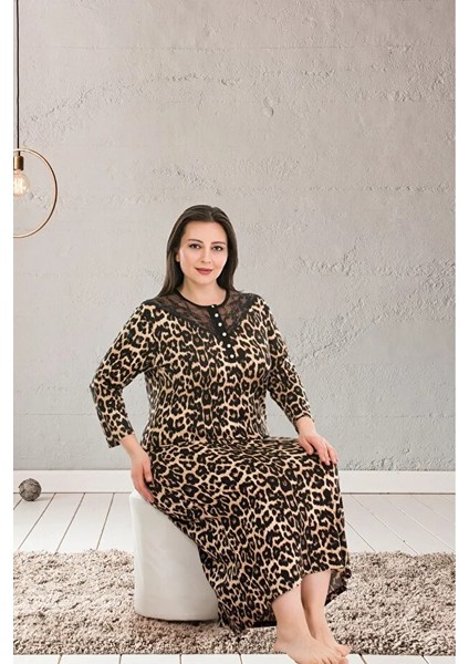 Lady Lingerie Büyük Beden Leopar Desen Yaka Düğmeli Dantel Detaylı Elbise fiyatları