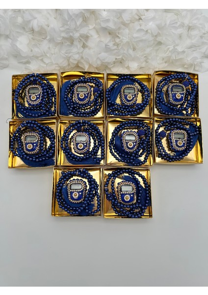 10 Adet Hediyelik Çeyizlik Gold Kutulu Tesbih ve Taşlı Zikirmatik Seti ( Mevlit-Sünnet-Hac-Umre)
