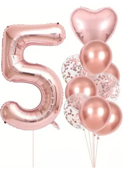 Doğum Günü Konsept - Rose Gold Rengi -Rakam,konfeti ve Kalp Folyo Balon
