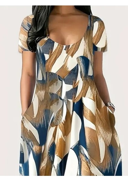 Kadın Kısa Kollu Yuvarlak Yaka Cepli Salaş Baskılı Süprem Elbise fiyatları