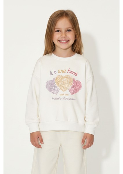Kız Çocuk %100 Pamuk Kalp Desenli Bisiklet Yaka Trend Sweatshirt - 1022S