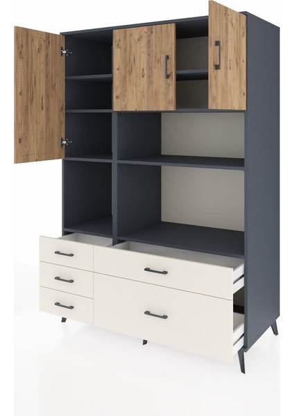 Kronos Dolap 8 Raflı 5 Çekmeceli 3 Kapaklı 132X59X195 Antrasit-Çam/aytaşı modelleri
