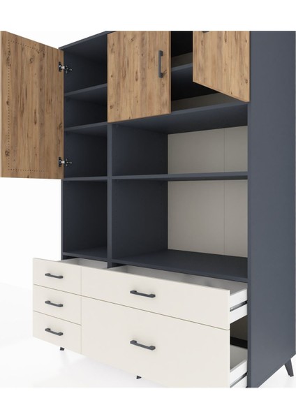 Kronos Dolap 8 Raflı 5 Çekmeceli 3 Kapaklı 132X59X195 Antrasit-Çam/aytaşı fırsatları