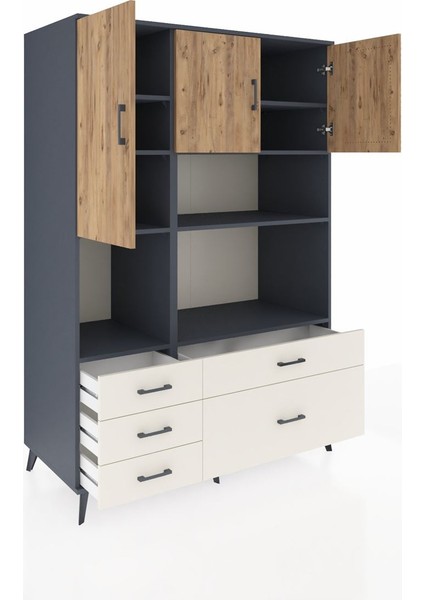 Kronos Dolap 8 Raflı 5 Çekmeceli 3 Kapaklı 132X59X195 Antrasit-Çam/aytaşı indirimleri