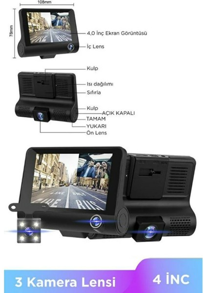 1080P Araç Içi 3 Kameralı Gece Görüşlü, G-Sensör, Geri Görüş Kameralı Araç Kamerası indirimleri
