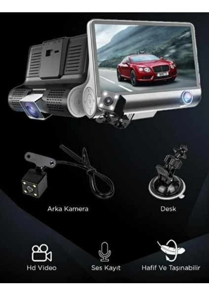 1080P Araç Içi 3 Kameralı Gece Görüşlü, G-Sensör, Geri Görüş Kameralı Araç Kamerası