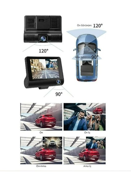 1080P Araç Içi 3 Kameralı Gece Görüşlü, G-Sensör, Geri Görüş Kameralı Araç Kamerası