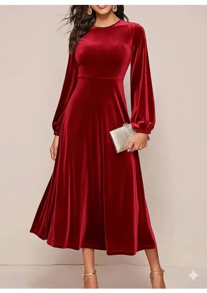 Kadın Uzun Kollu Bisiklet Yaka Midi Kadife Elbise