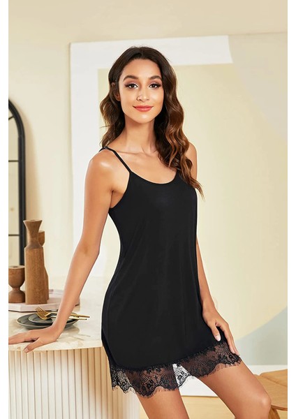 Kadın Siyah Ip Askılı Dantel Detaylı Gecelik fiyatları