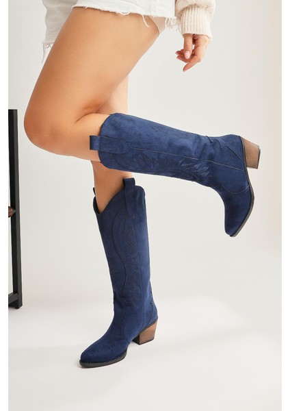 Hero Lacivert Süet Nakışlı Kovboy Çizme modelleri