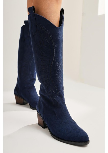 Hero Lacivert Süet Nakışlı Kovboy Çizme fırsatları