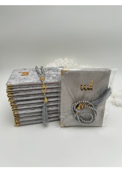 10 Adet Hediyelik Jelatinde Kadife Yasin Cüzü ve Inci Tesbih Seti ( Mevlit-Hac-Umre)