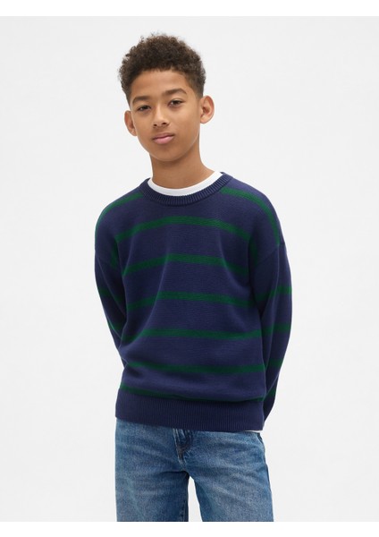 Erkek Çocuk Lacivert Çizgili Bisiklet Yaka Kazak