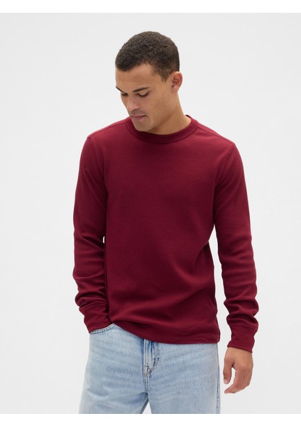 Erkek Kırmızı Waffle-Knit Bisiklet Yaka T-Shirt