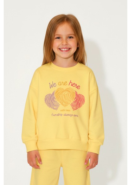 Kız Çocuk %100 Pamuk Kalp Desenli Bisiklet Yaka Trend Sweatshirt - 1022S