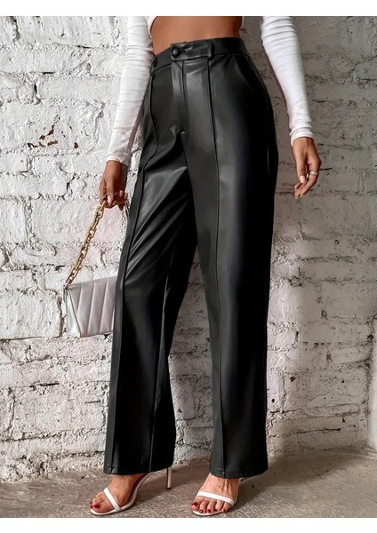 Kadın Önden Fermuarlı Cepli Geniş Kesim Lame Deri Pantolon fiyatları