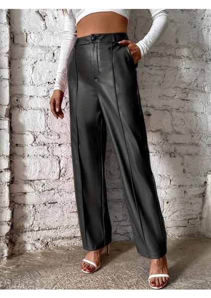 Kadın Önden Fermuarlı Cepli Geniş Kesim Lame Deri Pantolon modelleri