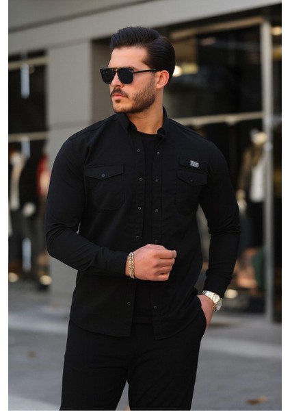 Erkek Cepli Paraşüt Kumaş Uzun Kol Dar Siyah Gömlek