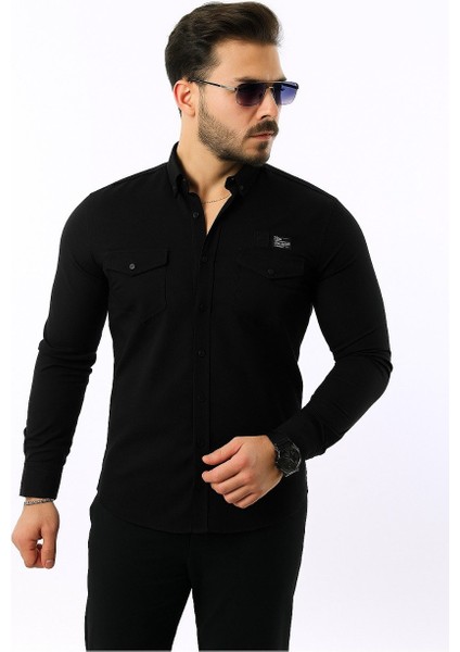 Erkek Cepli Paraşüt Kumaş Uzun Kol Dar Siyah Gömlek modelleri