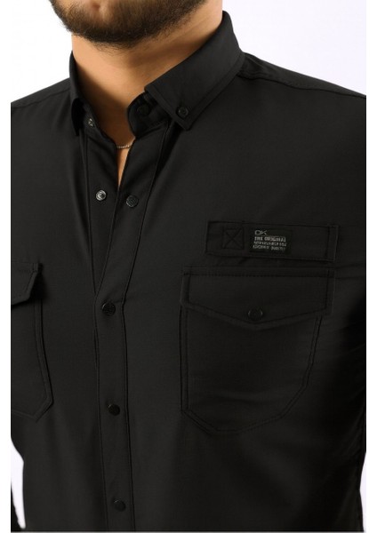 Erkek Cepli Paraşüt Kumaş Uzun Kol Dar Siyah Gömlek fırsatları