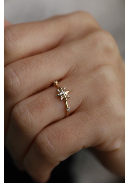 14 Ayar Altın Kolu ve Üstü Taş Detaylı Kutup Yıldızı Yüzük-2