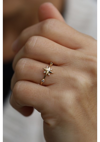 14 Ayar Altın Kolu ve Üstü Taş Detaylı Kutup Yıldızı Yüzük-2 modelleri