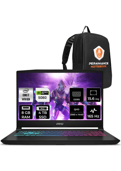 Msı Katana 15 Intel Core I7 14650HX 8gb 4tb SSD RTX5060/8GB 115W 15.6" Qhd 165Hz Fdos Taşınabilir Bilgisayar & Per4 Çanta B14WFK817XTRP305