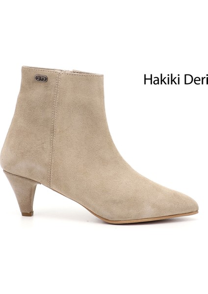 Kadın Bej Süet Fermuarlı Sivri Burun Hakiki Deri Bot