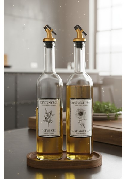 Ahşap Stantlı Zeytinyağı ve Ayçiçek Yağı Için Şık Cam Yağdanlık Seti (2'li) 750 ml