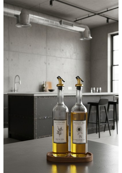 Ahşap Stantlı Zeytinyağı ve Ayçiçek Yağı Için Şık Cam Yağdanlık Seti (2'li) 750 ml fiyatları