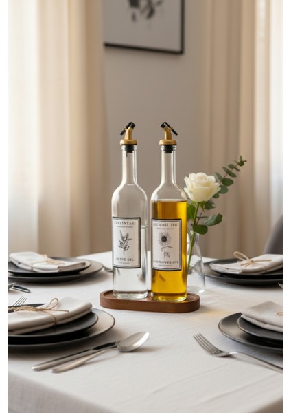 Ahşap Stantlı Zeytinyağı ve Ayçiçek Yağı Için Şık Cam Yağdanlık Seti (2'li) 750 ml modelleri