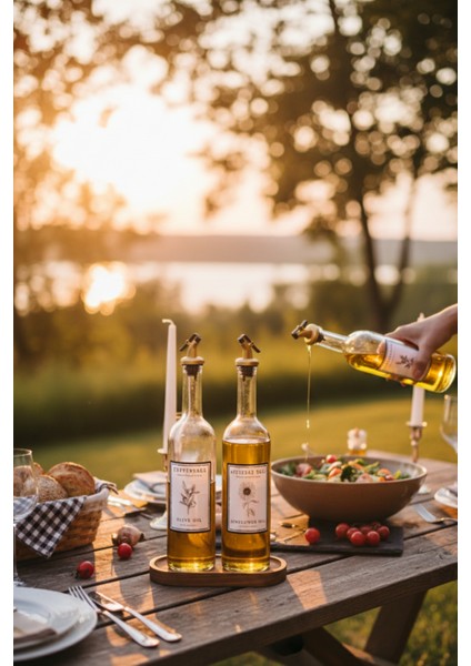 Ahşap Stantlı Zeytinyağı ve Ayçiçek Yağı Için Şık Cam Yağdanlık Seti (2'li) 750 ml fırsatları