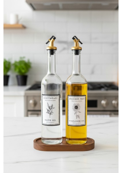 Ahşap Stantlı Zeytinyağı ve Ayçiçek Yağı Için Şık Cam Yağdanlık Seti (2'li) 750 ml indirimleri