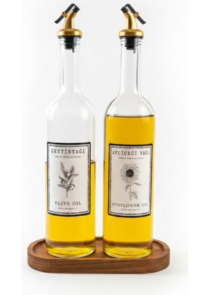 Ahşap Stantlı Zeytinyağı ve Ayçiçek Yağı Için Şık Cam Yağdanlık Seti (2'li) 750 ml