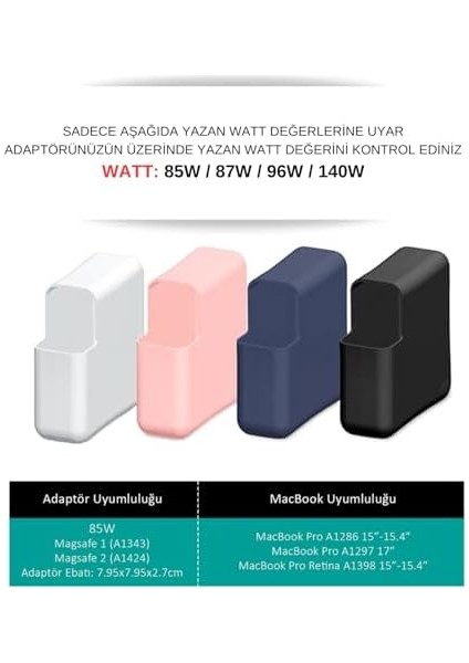 MacBook Pro Şarj Adaptör Kılıfı Silikon 96W Usb-C A2141, 87W Usb-C A1707 A1990, 85W Magsafe 2 A1398 ve 85W Magsafe 1 A1286 A1297 Uyumlu Ince Esnek Hafif Koruma Beyaz fiyatları