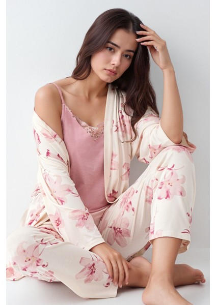 Kadın Modal Pamuklu Pembe Sabahlıklık Pijama Takımı QP9K0R5K8R
