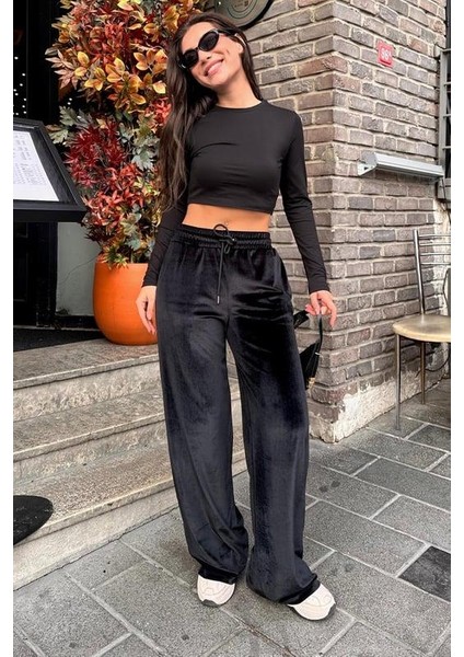 Koyu Siyah Bol Paça Kadife Pantolon MG2283